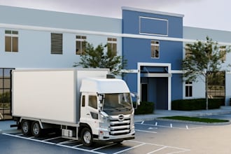 visualize 3d warehouse space,industrial exterior truck dock,logistic site layout