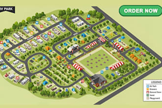 design custom vector, isometric maps, rv park map, campground, event maps