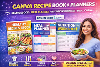 make canva recipe ebook, meal planner, nutrition worksheet, food journal