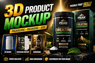 create 3d product design, rendering, packaging mockup for branding ads