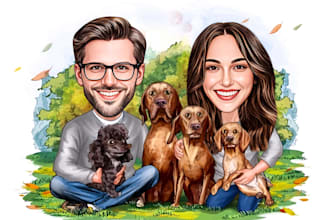 draw a couple caricature cartoon, with a pet dog caricature