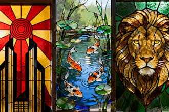 design classic stained glass art, mosaic style logo, character and illustration