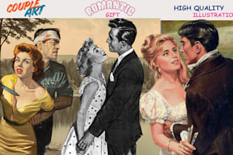 draw retro romantic couple illustration cinematic love art anime style