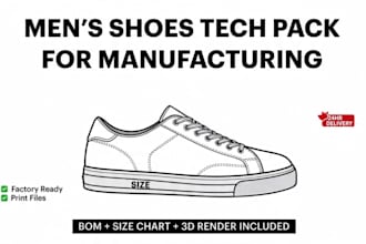 create men shoes design techpack and render for manufacture bom size chart