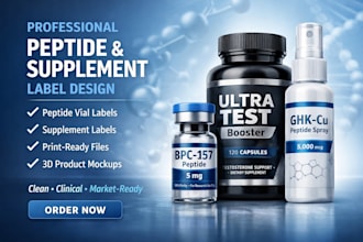 design peptide vial label, product label, sarms supplement label design with 3d