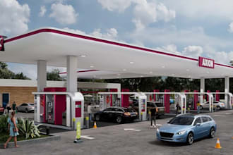 do cgi 3d commercial house design for filling charging gas station market, shop