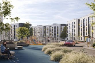 large 3d residential complex,community playground,tract housing,suburbia render
