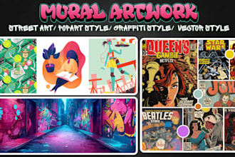 design custom mural art, graffiti wall paper, doodle poster, canvas street decor