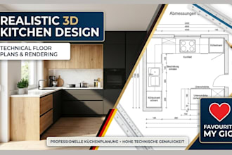 do realistic 3d kitchen design, rendering, and detailed floor plans