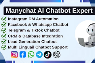 build manychat ai chatbot for instagram, whatsapp, facebook, telegram and tiktok