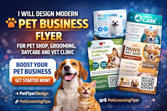 modern pet business flyer for pet shop, grooming, daycare and vet clinic
