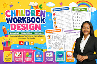 design children workbook, kids worksheets, kids tracing book, puzzle bookdesign