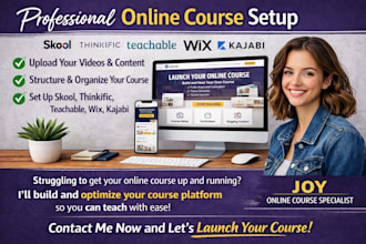 setup a professional online course website with kajabi, thinkific, or teachable