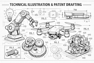 do technical illustration, vector line art, patent draft and line drawing