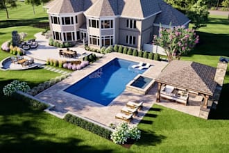 design backyard landscape, patio, pool with realistic outdoor 3d rendering