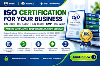 give iso 9001, 45001 , 14001, gmp, 22301 iso certification