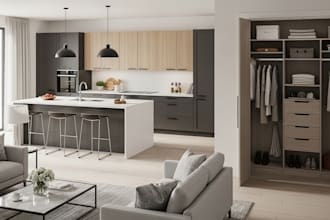do furniture layout, interior closet, kitchen cabinet in 3d rendering