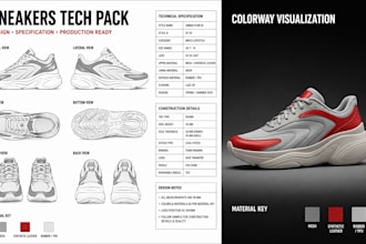 create sneaker tech pack, footwear heel, boots and shoe design for manufacturing