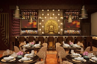 create 3d photorealistic restaurant and cafe interior design with floor plans