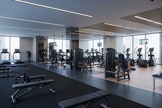design professional 3d gym interior design with realistic render and equipment