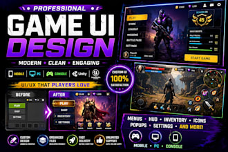 create professional game UI UX design hud menus for PC and mobile console games