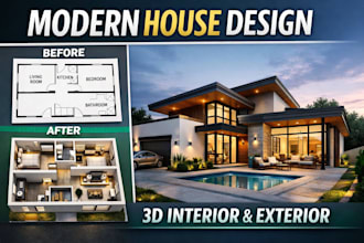 do modern house design for bungalow plan, realistic 3d interior exterior design