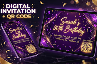 design an animated digital birthday invitation with qr code and rsvp link