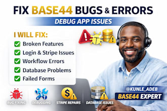 fix base44 bugs, debug base44 app errors, and repair base 44 issues