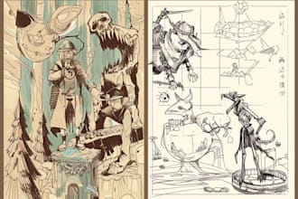 draw a concept sketch of characters, objects, background