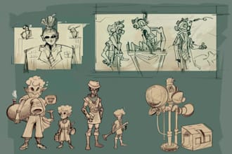 draw a concept sketch of characters, objects, background