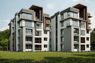 sketches to 3d visualizations building,residential living area,exterior realism