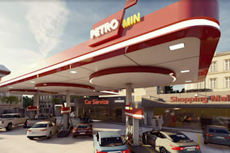 remodel 3d filling station convenience store, gas station, charging port render