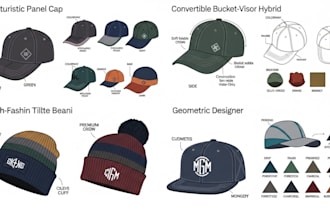 make cap tech pack, trucker cap, bucket hat, dad cap flat sketch for manufacture