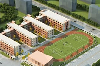 revitalize modern school campus exterior, render urban town landscape,