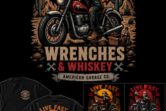 create badass horror skeleton biker t shirt design