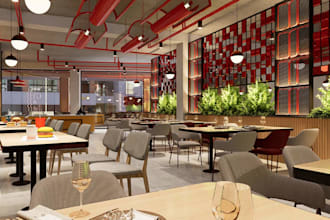 refit3d restuarant interior design,fine dinning,commercial space,cgi bistro cafe