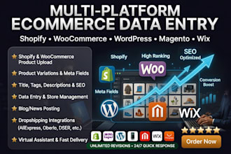 do shopify magento woocommerce wix product listing upload data entry SEO