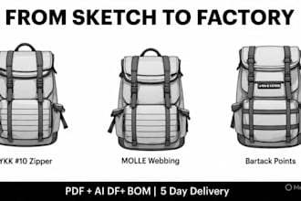 create backpack tech pack for factories with PDF ai dxf bom bags illustration