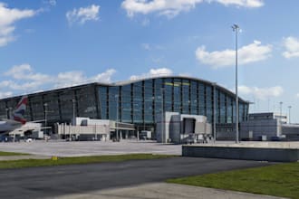 do 3d airport terminal exterior design, facade detailing, landscape rendering