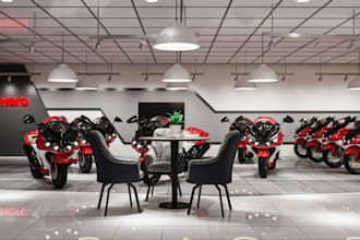 design realistic 3d bike showroom, motorcycle display, and retail store interior