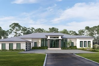 render single story realestate house,stucco facade design,cgi interior rendering