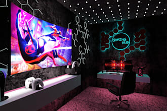 design 3d gaming room, isometric room design, 3d streaming room