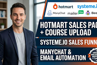 setup hotmart sales page, systeme io sales funnel, and manychat automation