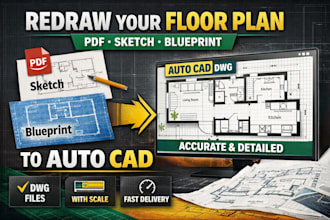 redraw 2d architectural floor plan from PDF, sketch or blueprint to autocad