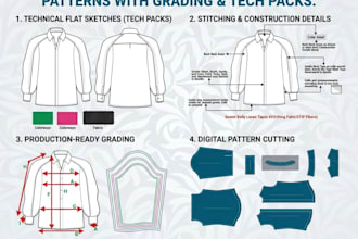 create production ready sewing pattern with grading and tech pack