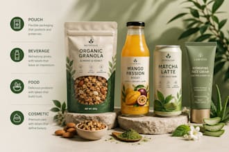 design beverage label, supplement label, food label, can packaging, pouch label