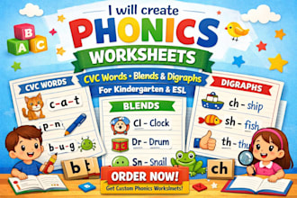 create phonics worksheets cvc words blends and digraphs for kindergarten and esl