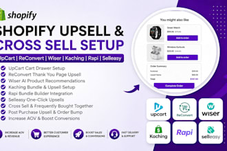 setup shopify upsell and cross sell upcart reconvert wiser kaching rapi selleasy