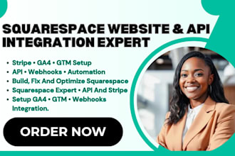 build squarespace website with API integration, stripe, ga4 and ga4 tracking