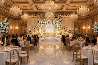 design elegant wedding stage, ceremony layout, reception and event decor